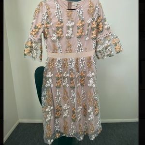 Round neck tulle/floral tan Polagram MIDI dress